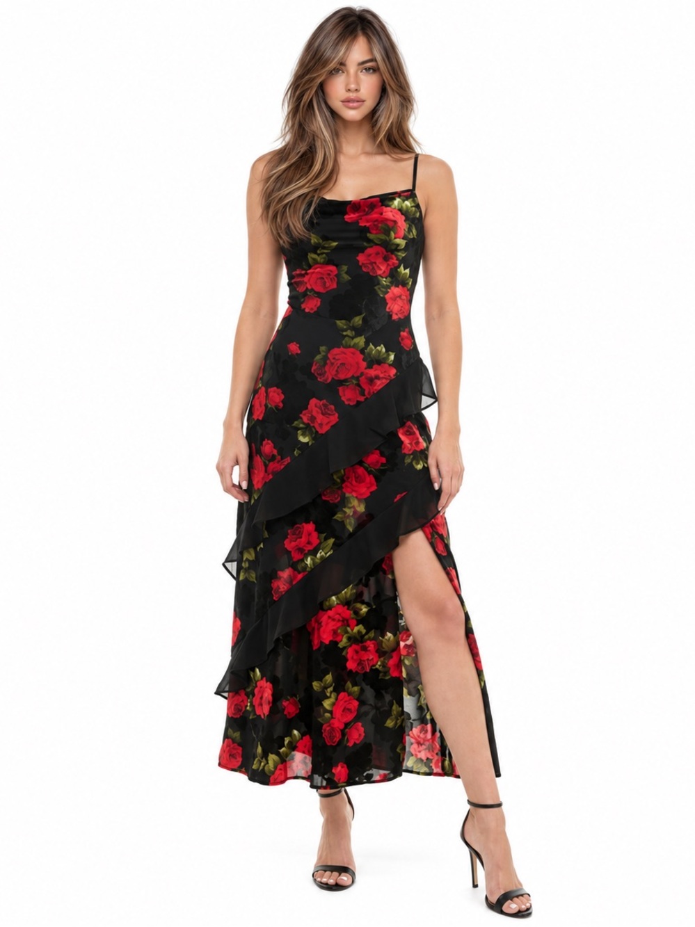 BCX Juniors Black Red Rose Velvet Burnout Ruffle Maxi Dress Formal Wedding Guest